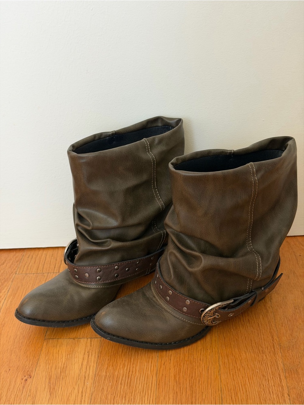 Olive Slouch Ankle Boots with Brown Studded Strap
